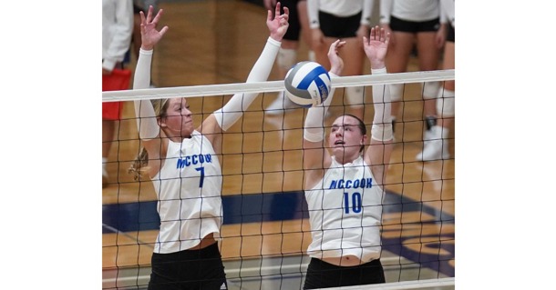 MCC’s Ella Verts gets the block at the net with Caylin Barnett helping form the wall